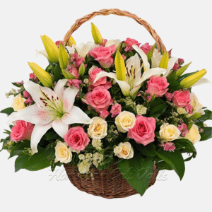 Arreglo floral grande en canasta de mimbre con rosas rosadas, rosas crema y lirios blancos abiertos y cerrados. La canasta tiene un asa trenzada y las flores están rodeadas de follaje verde.